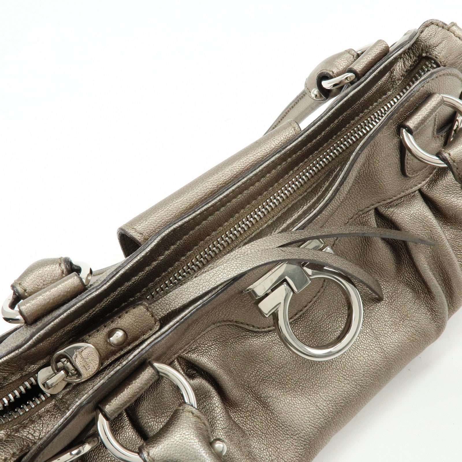 Ferragamo Gancini Leather Hand Bag Shoulder Bag Bronze