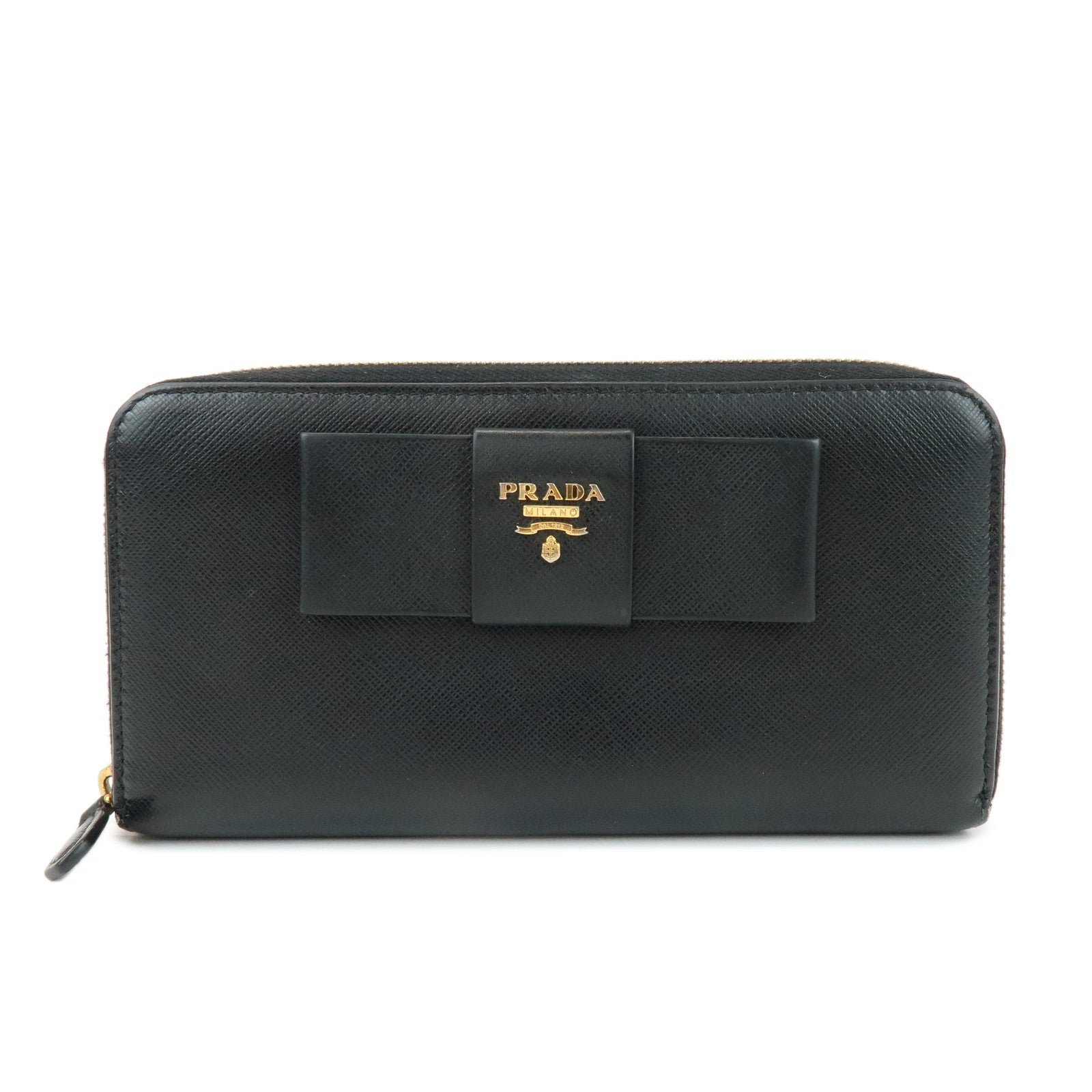 PRADA Saffiano Leather Ribbon Round Zippy Wallet Black 1M0506