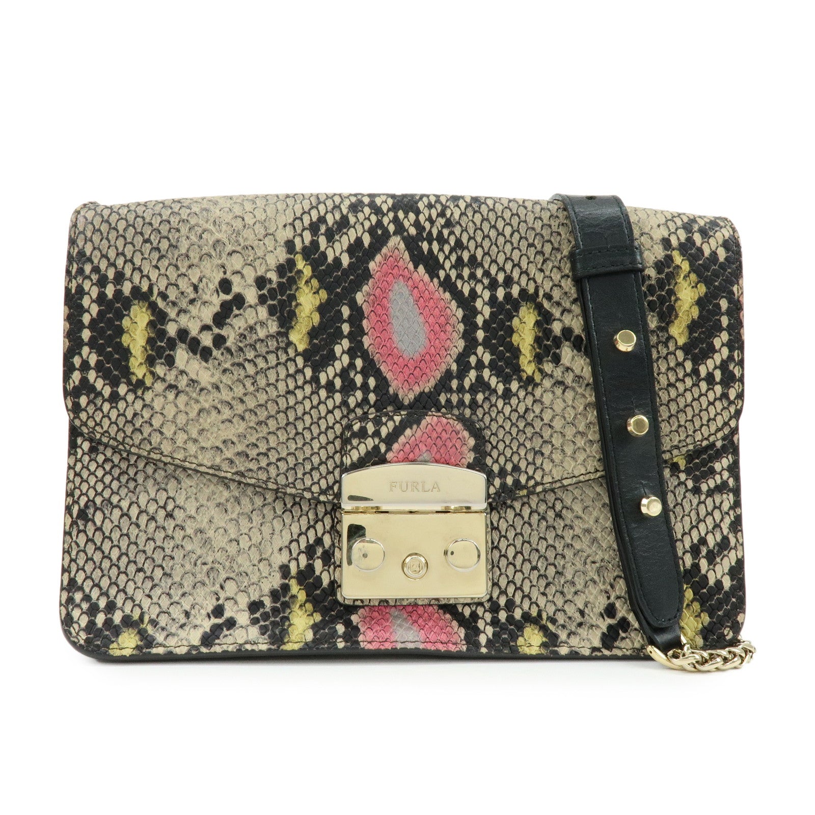 FURLA Metropolis Embossed Leather Chain Shoulder Bag Beige Pink