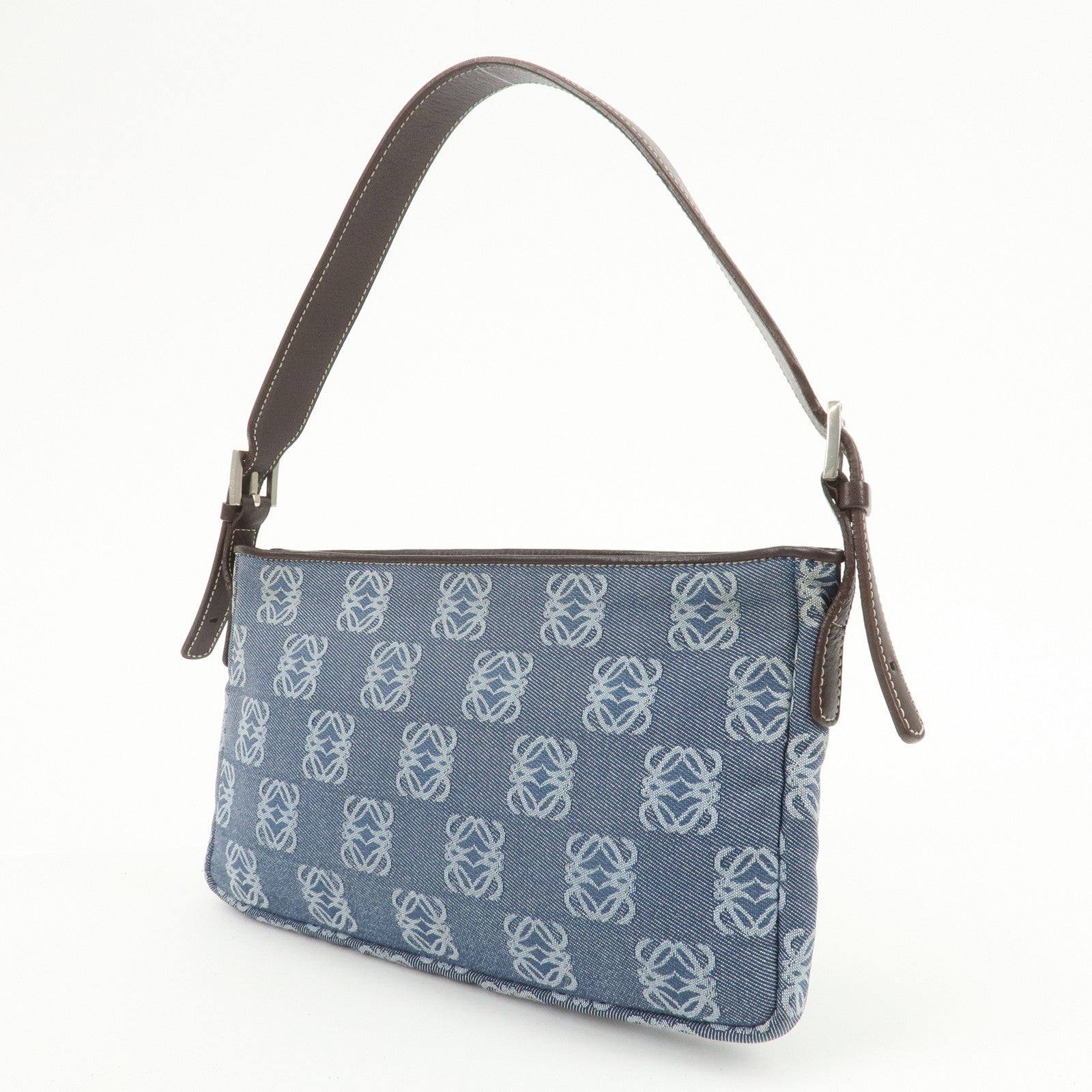 LOEWE Anagram Canvas Leather Shoulder Bag Hand Bag Denim Brown