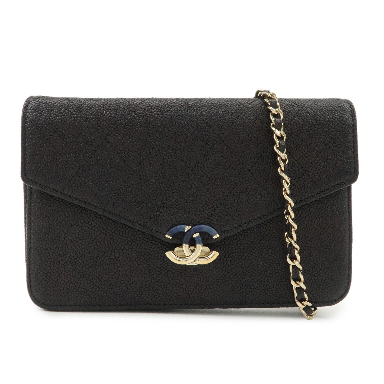 CHANEL Matelasse Caviarskin Chain Wallet COW Shoulder Bag Black Used