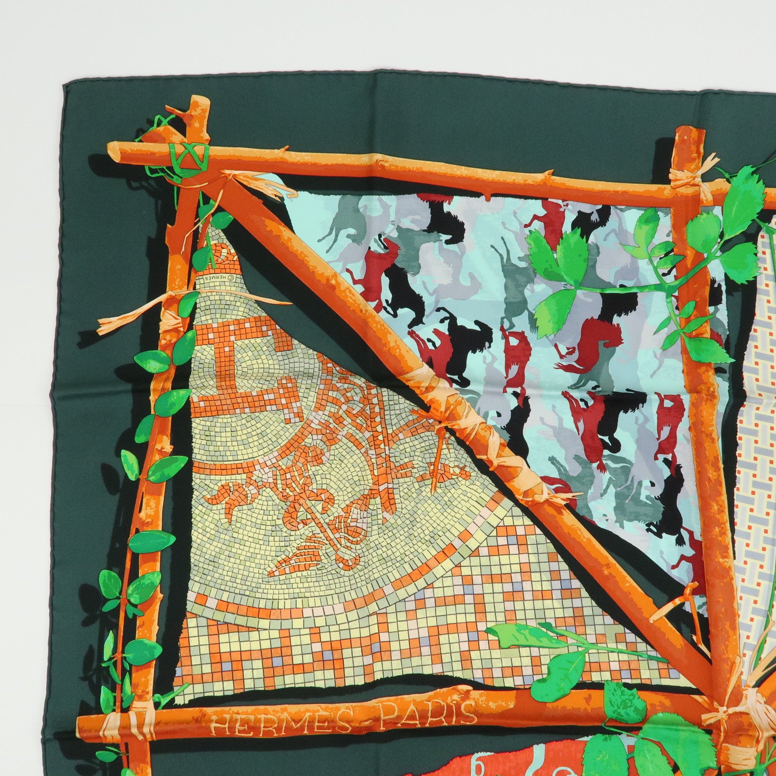 HERMES Carre 90 Silk 100% Scarf LE ROBINSON CHIC Green Brown