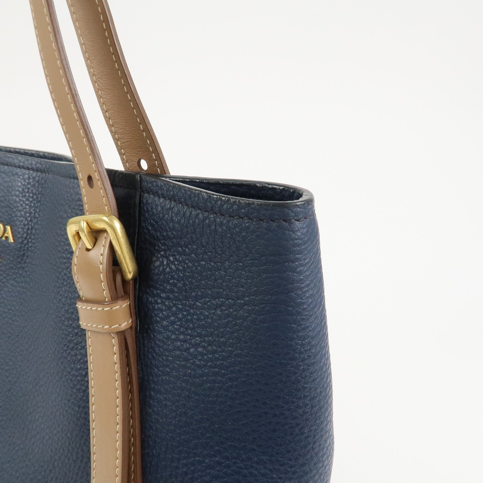 PRADA Logo Leather Tote Bag Shoulder Bag Navy Light Brown 1BG064