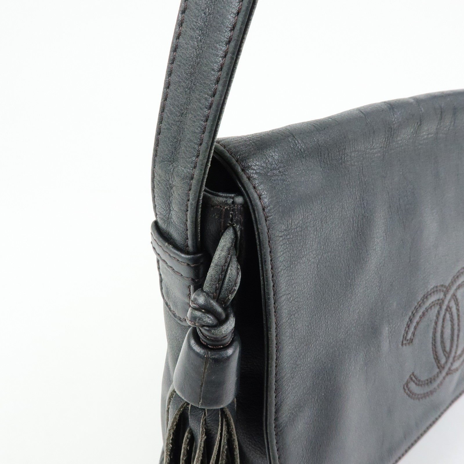 CHANEL Fringe COCO Mark Calf Leather Shoulder Crossbody Bag Black