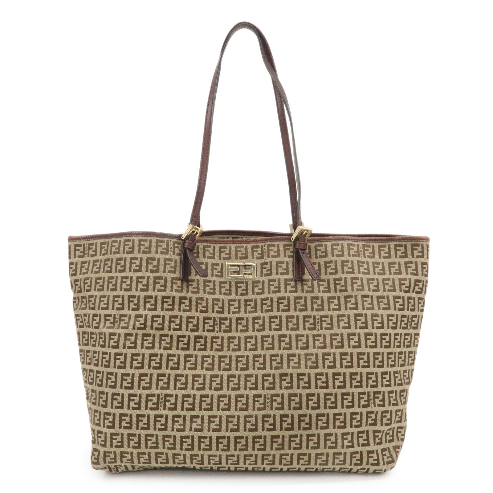 FENDI Zucchino Canvas Leather Tote Shoulder Bag Beige Brown 8BH127