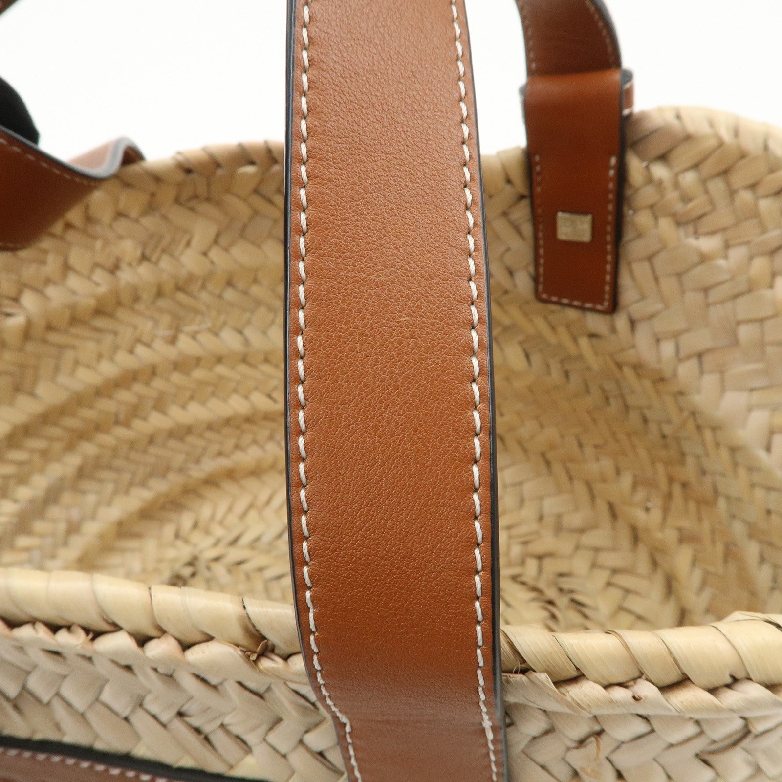 LOEWE Anagram Raffia Leather Basket Bag Hand Bag Natural Brown 2435