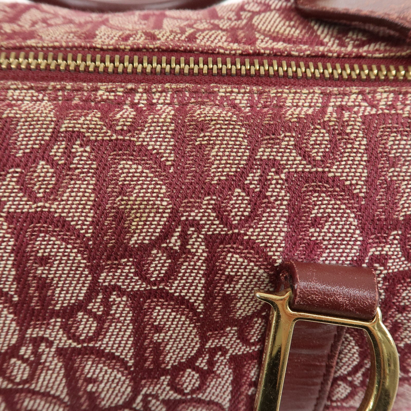 Christian Dior Trotter Jacguard Canvas Leather Boston Hand Bag Red