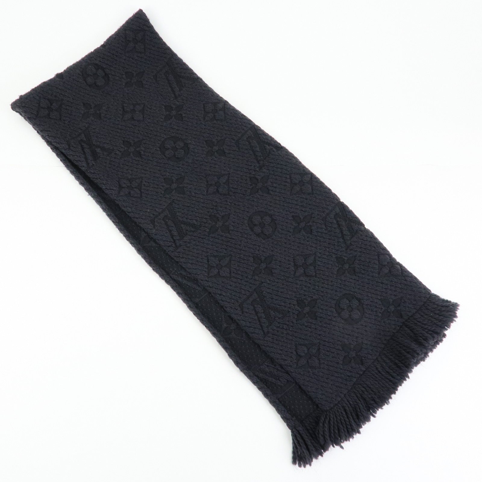 LOUIS VUITTON ブラック マフラー 100%ウール Louis Vuitton Echarpe Logomania Wool Silk Scarf Black M72431