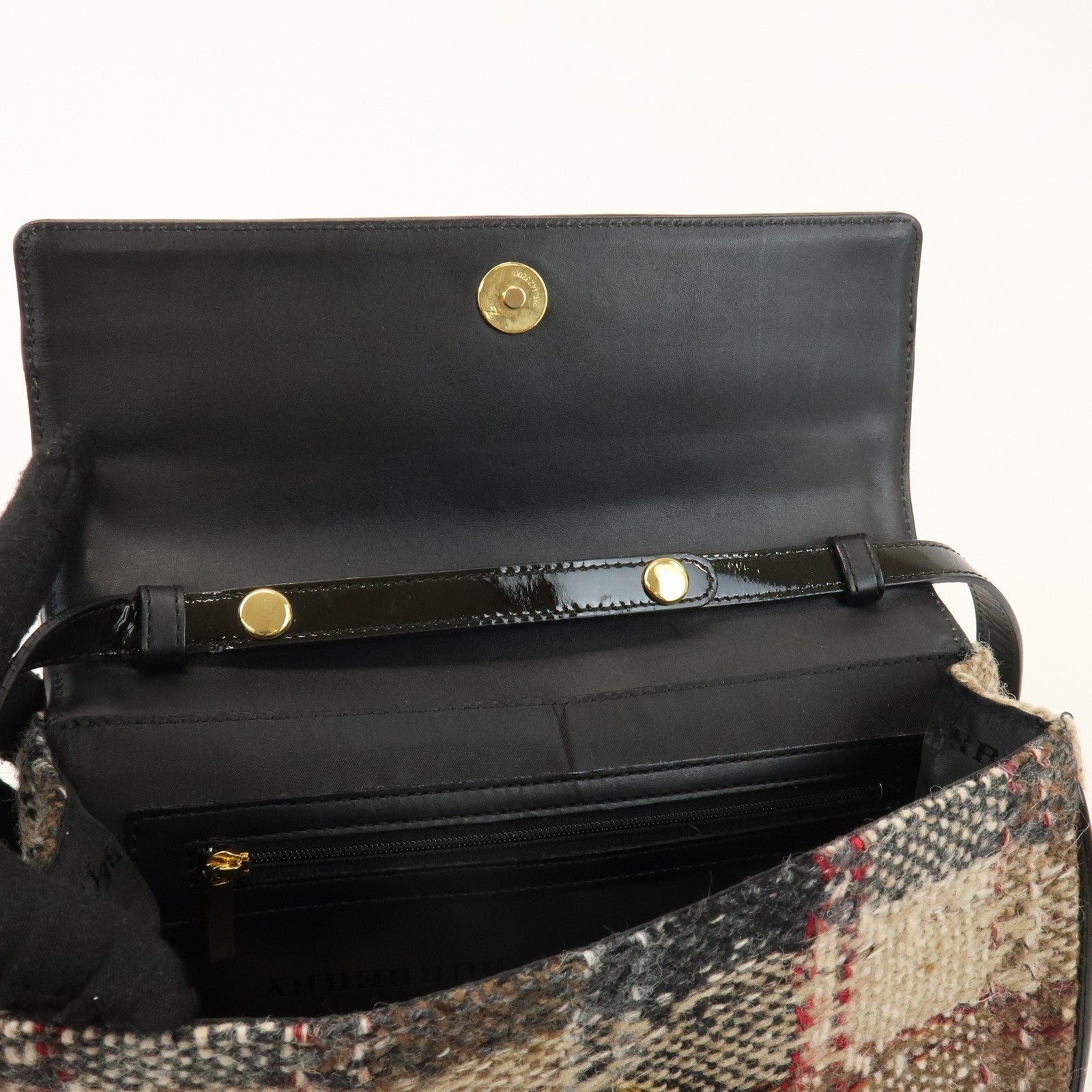 BURBERRY Tweed Patent Leather Suede Shoulder Bag Plaid Beige Black