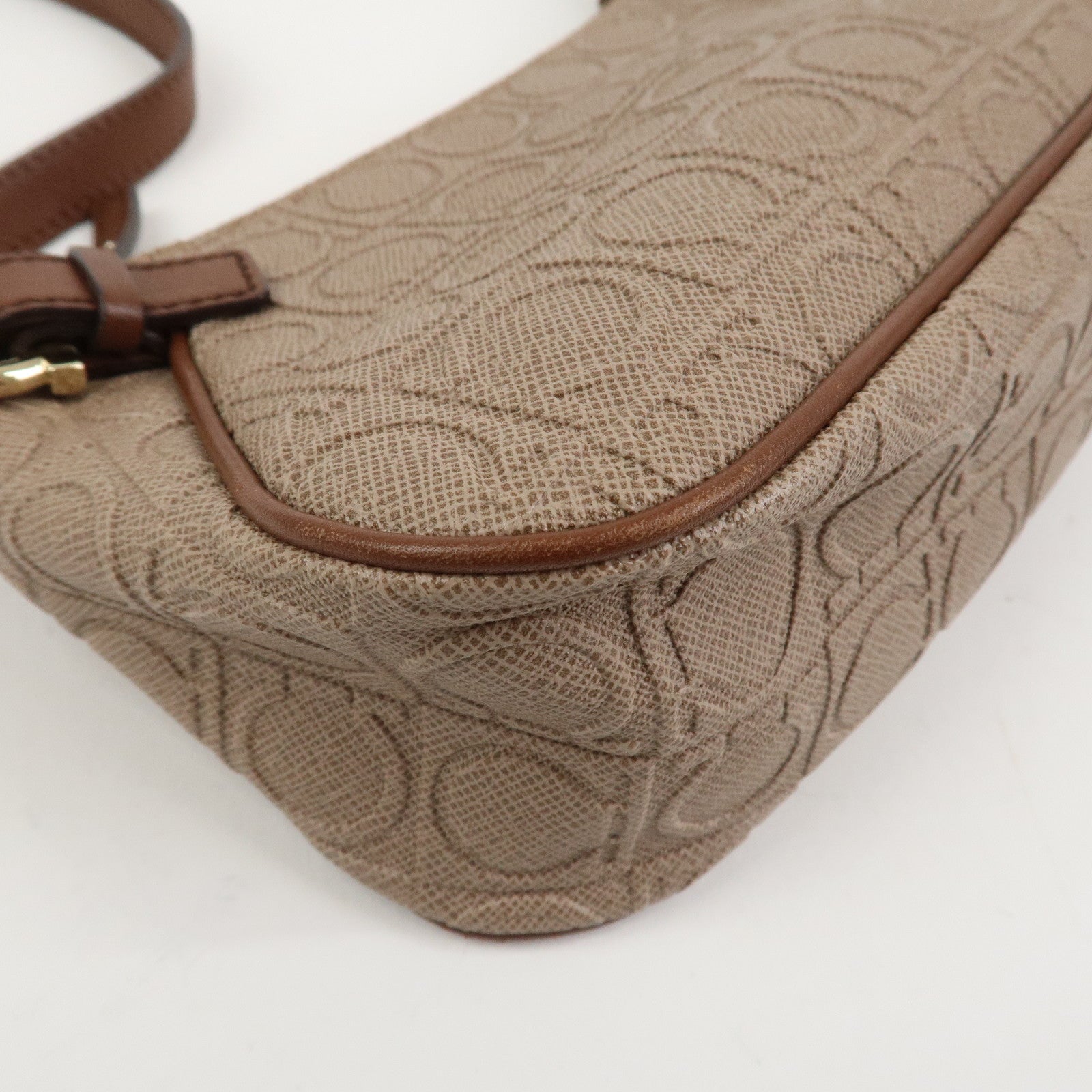 Ferragamo Gancini PVC Canvas Leather Shoulder Bag Hand Bag Brown