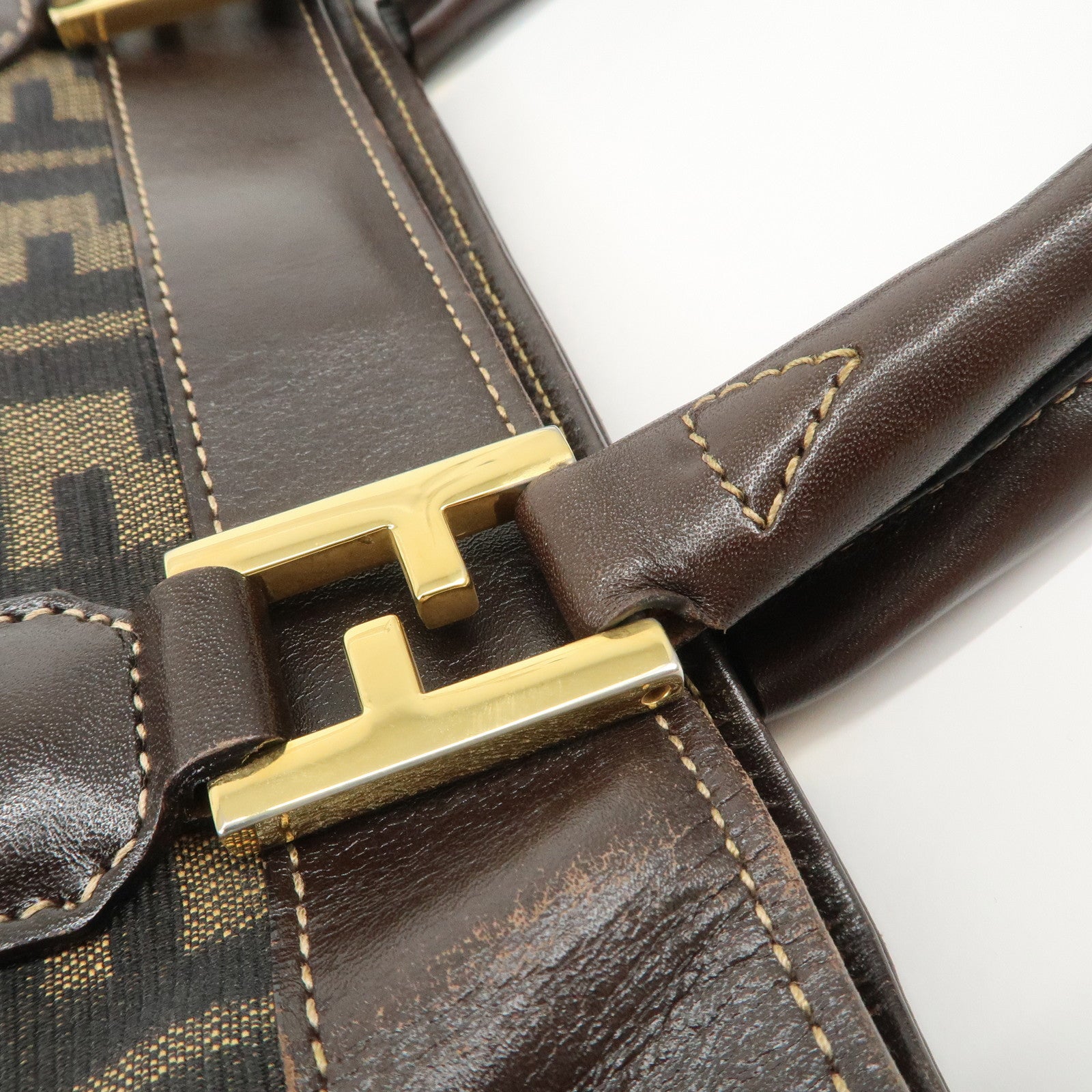 FENDI Zucca Canvas Leather 2Way Bag Hand Bag Shoulder Bag Brown