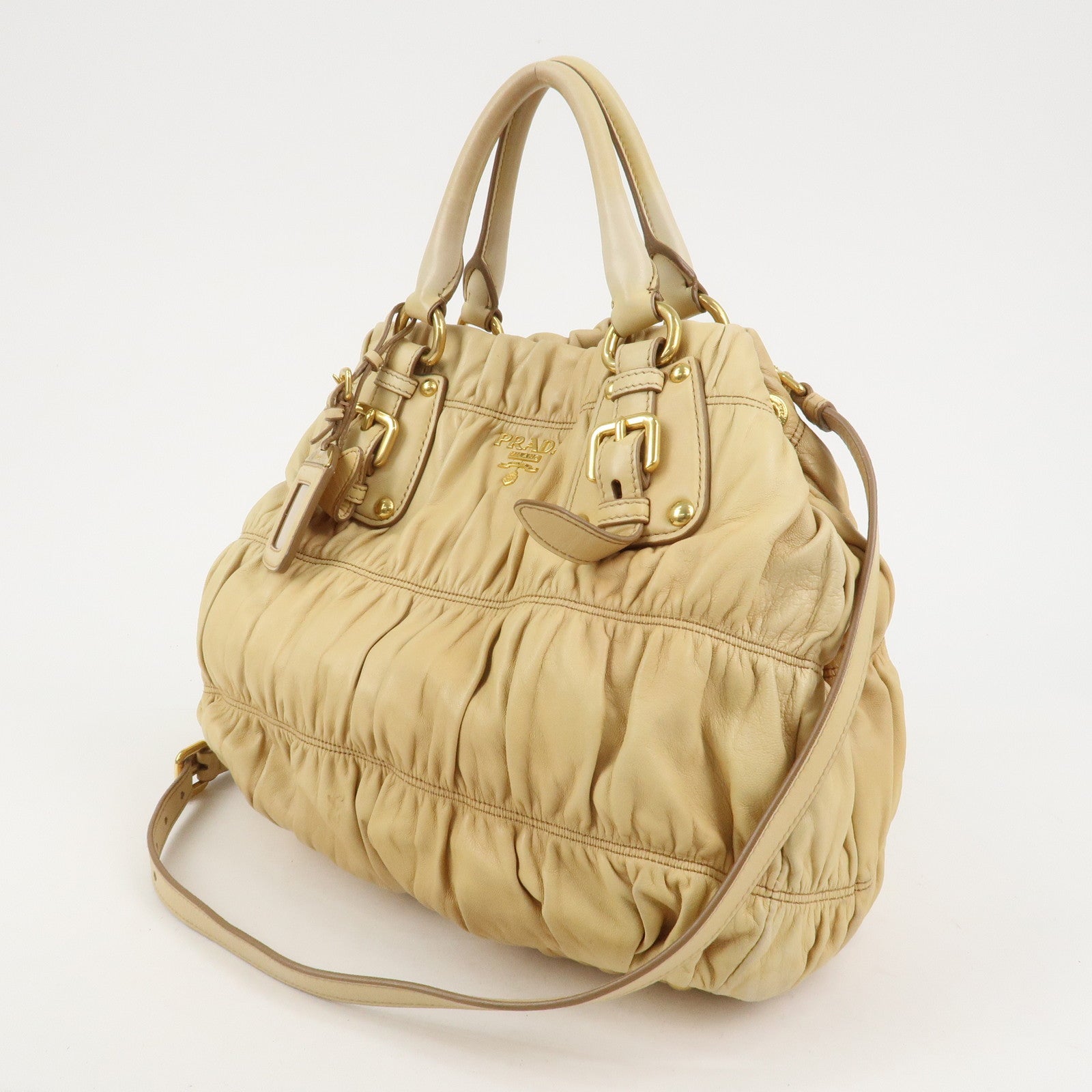 PRADA Nappa Gaufre Leather Gathered 2Way Bag Hand Bag Beige BN1336