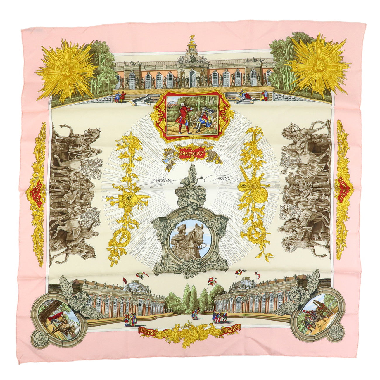 HERMES Carre 90 Silk 100% Scarf SANSSOUCY Pink White