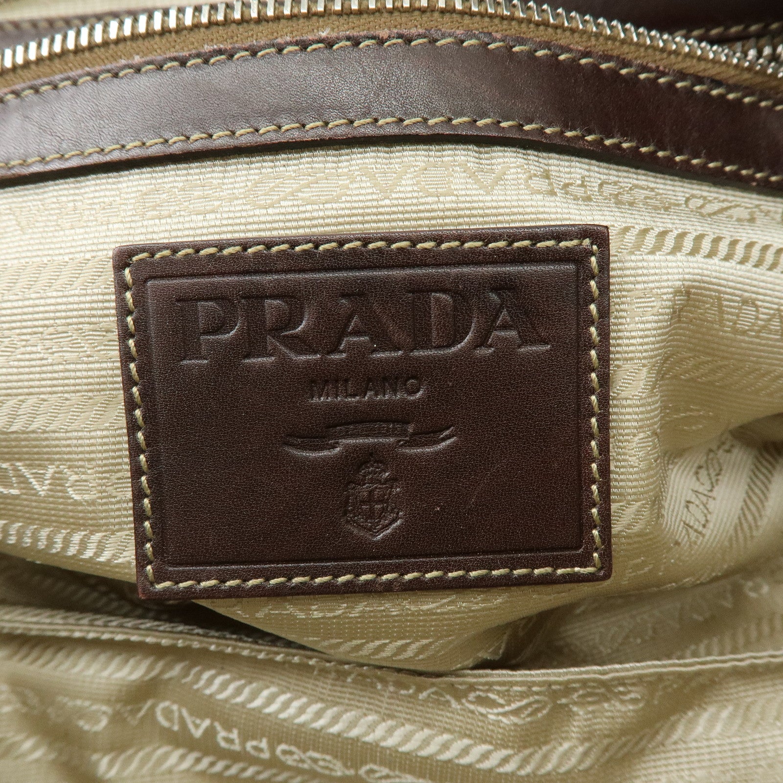 PRADA Leather Logo Jacquard Tote Bag Hand Bag Beige Brown