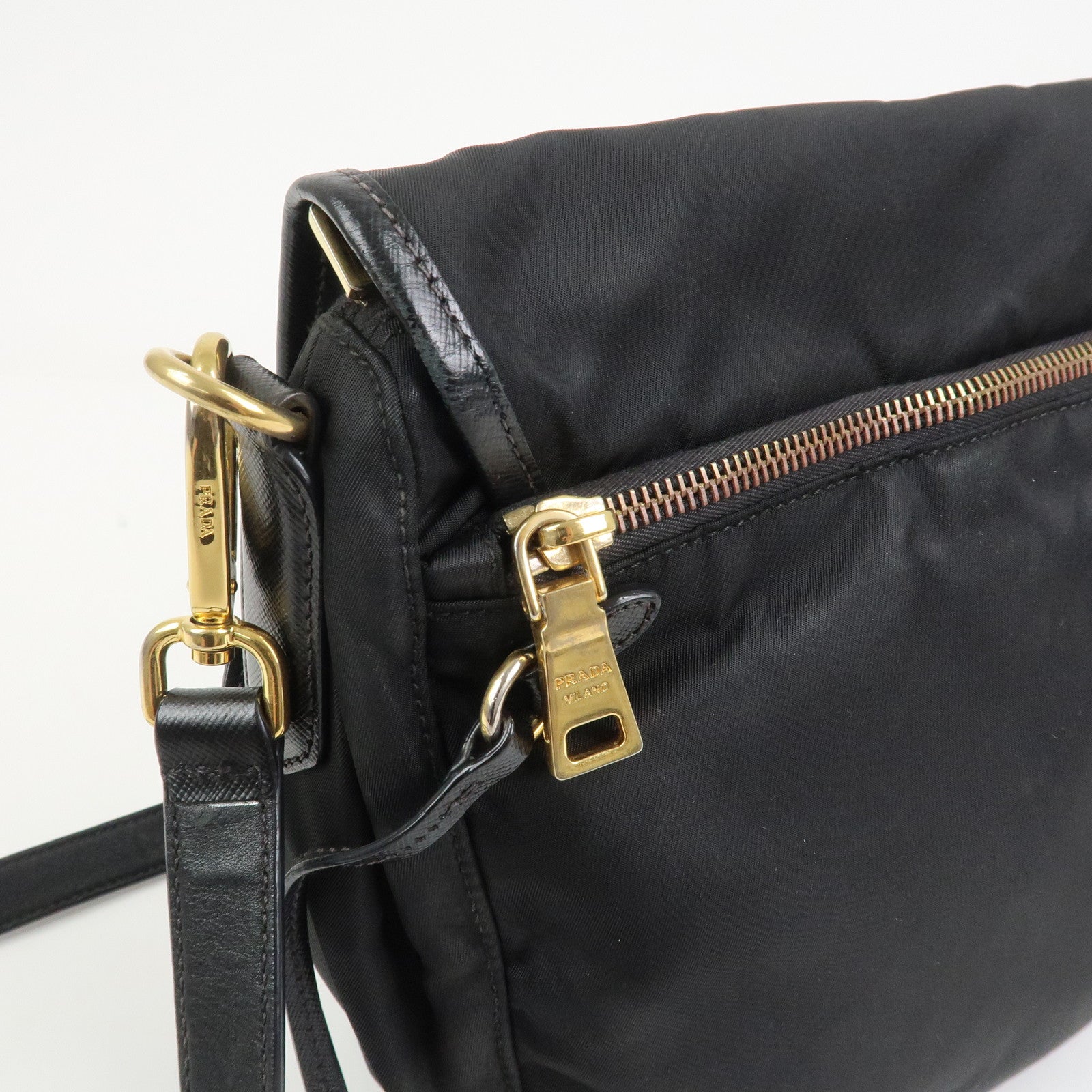 PRADA Logo Nylon Saffiano Leather Shoulder Bag Crossbody Bag Black