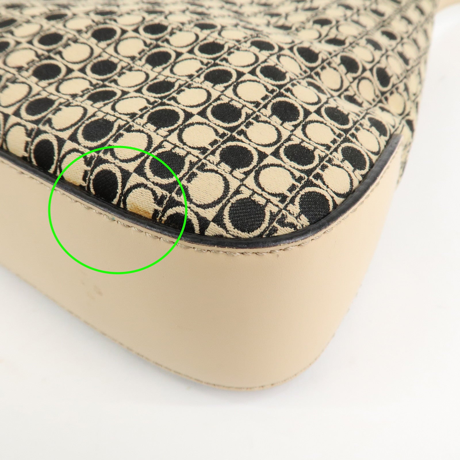 Ferragamo Gancini Canvas Leather Shoulder Bag Hand Bag Beige Black