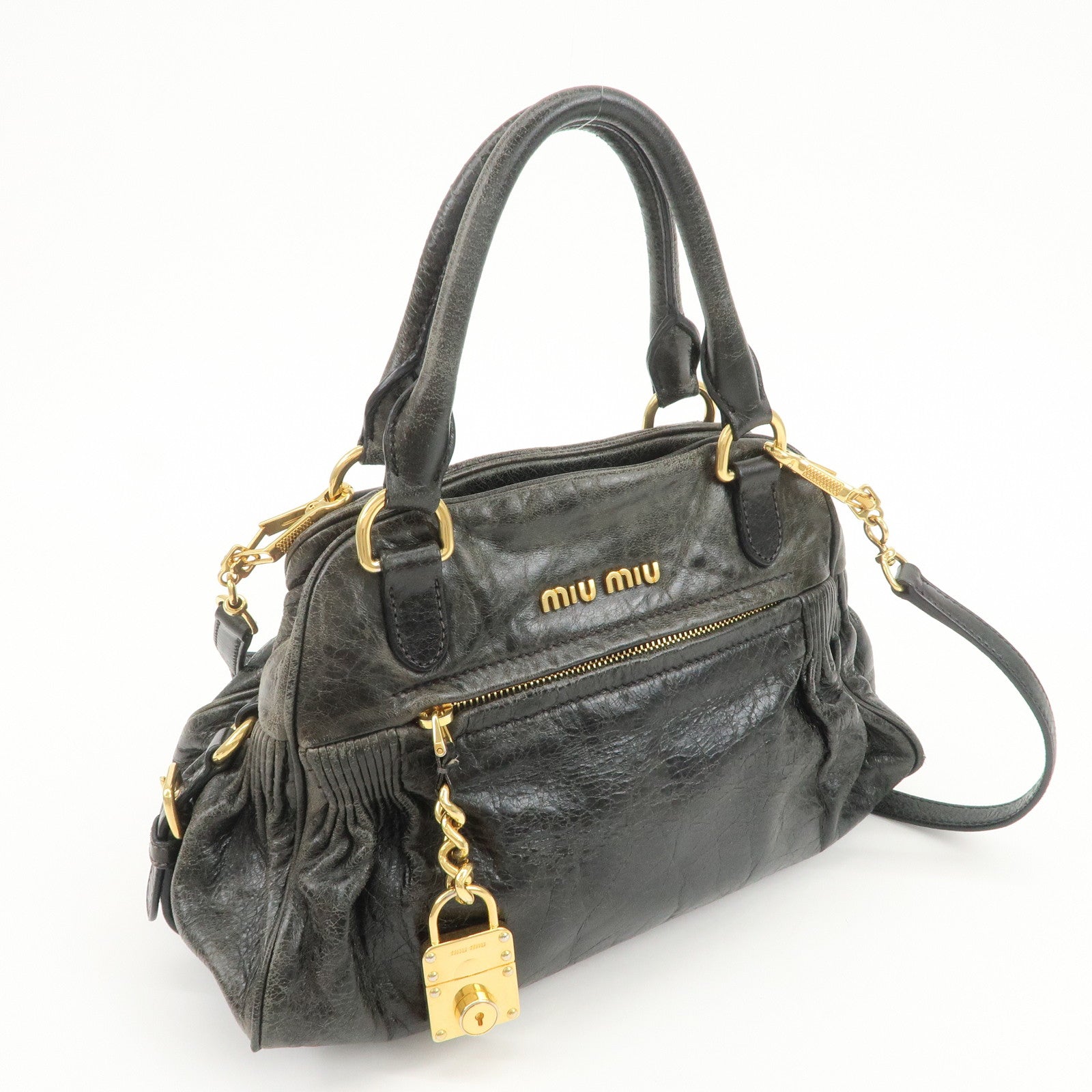 MIU MIU Logo Leather 2Way Bag Hand Bag Shoulder Bag Black