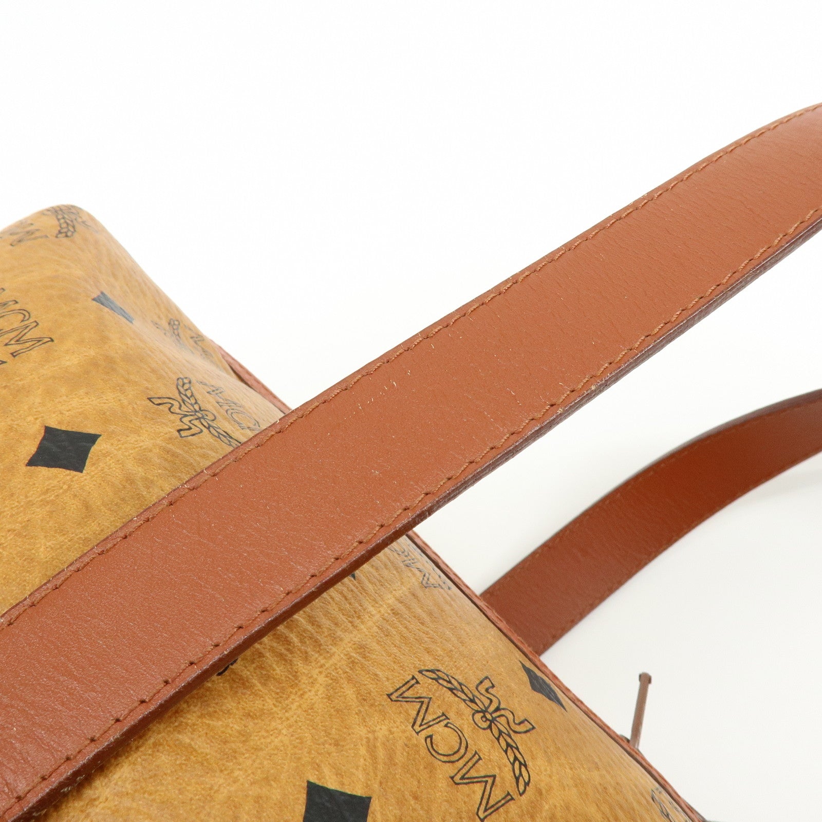 MCM Visetos PVC Leather Tote Bag Boston Bag Hand Bag Cognac Brown