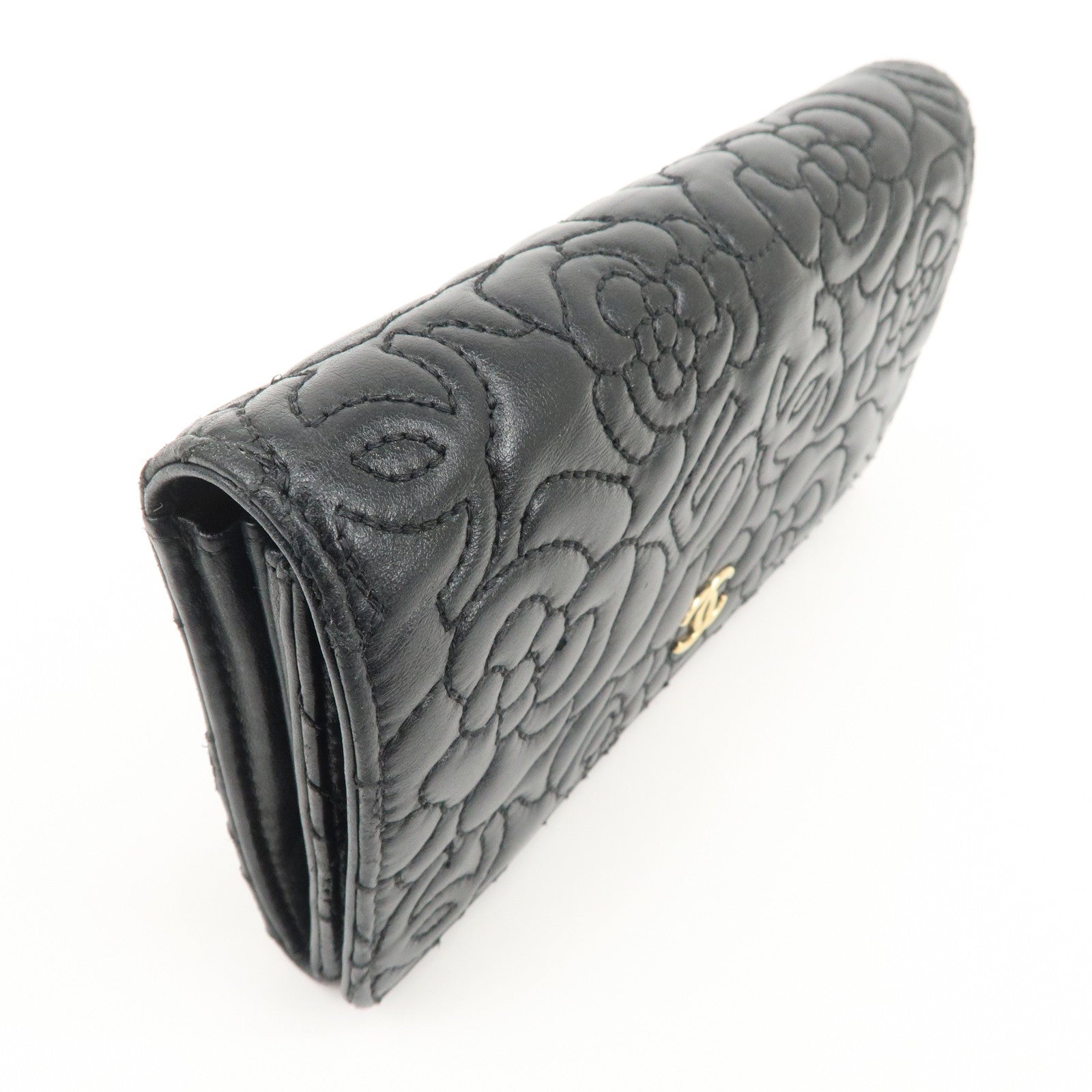 CHANEL Camelia No.5 COCO Mark Lamb Skin Bi-fold Long Wallet A70619 Used