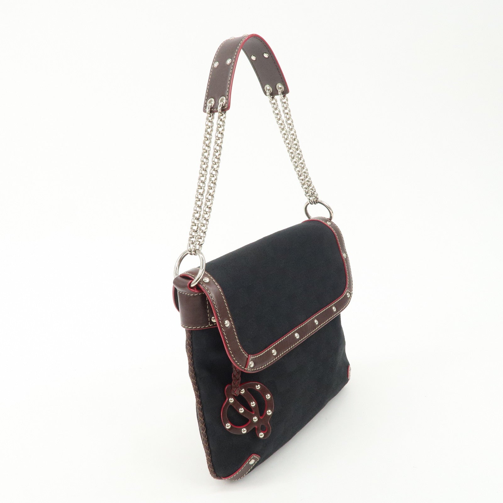 LOEWE Anagram Leather Canvas Chain Shoulder Bag Black Brown