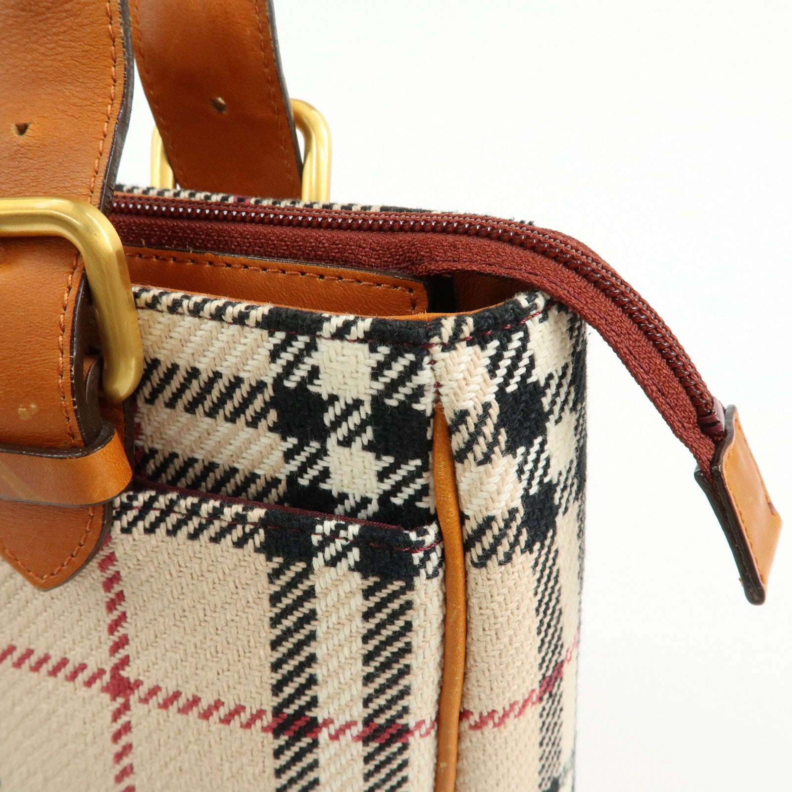 BURBERRY Nova Plaid Canvas Leather Tote Bag Hand Bag Beige Camel
