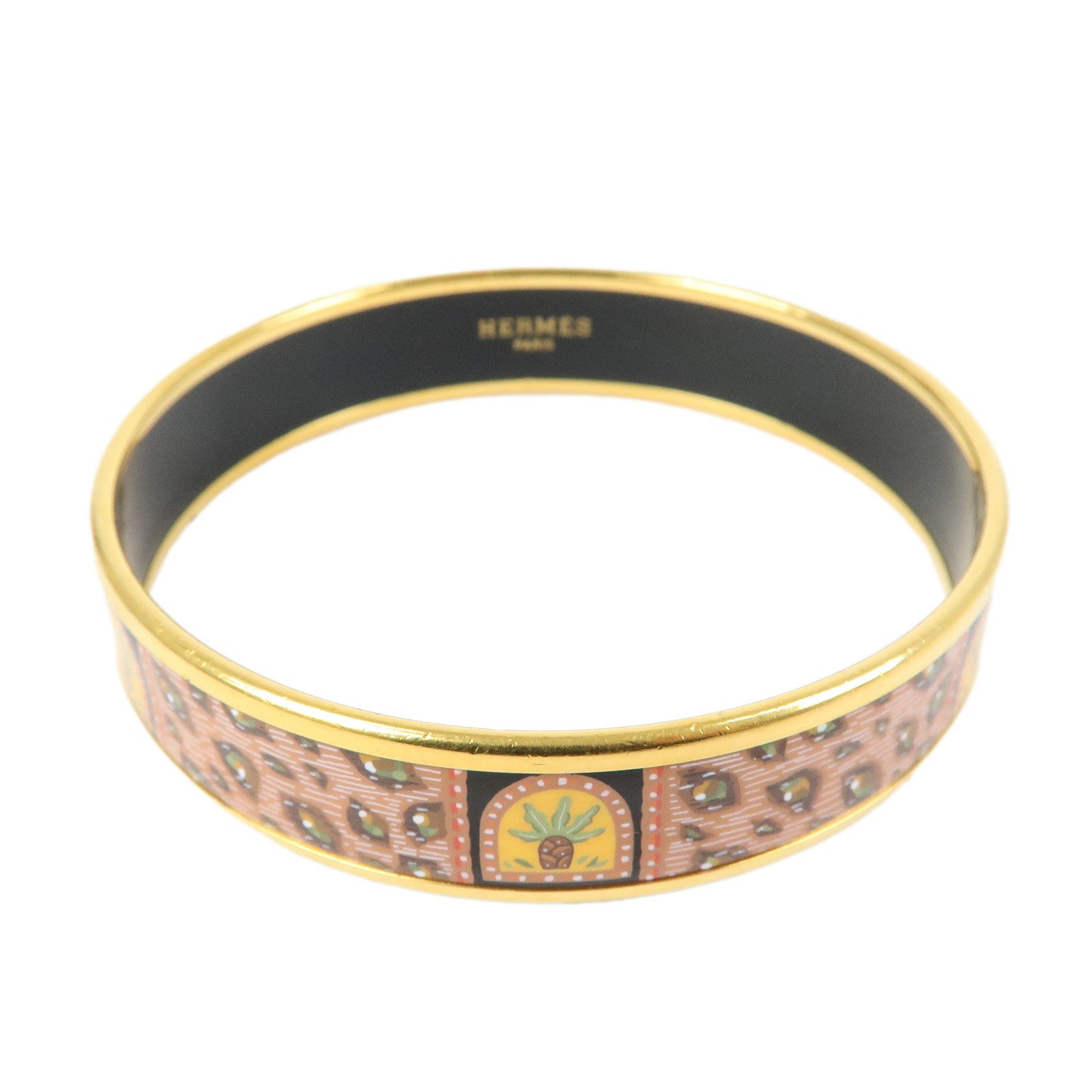 HERMES Email MM Gold Plated Bangle Bracelet Orange Gold