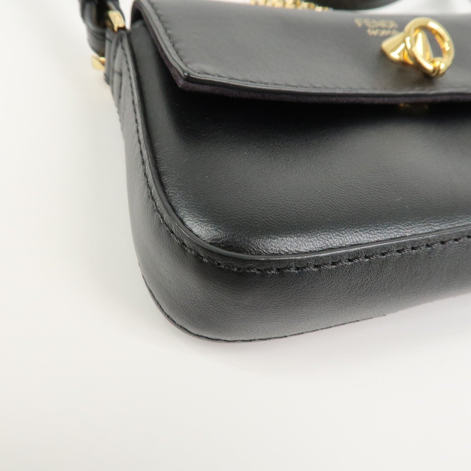 FENDI Leather Micro Baguette Shoulder Crossbody Bag Black 8M0354