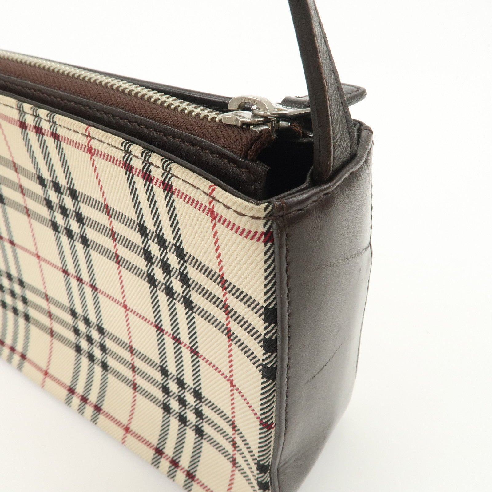 BURBERRY Leather Canvas Shoulder Bag Nova Plaid Brown
