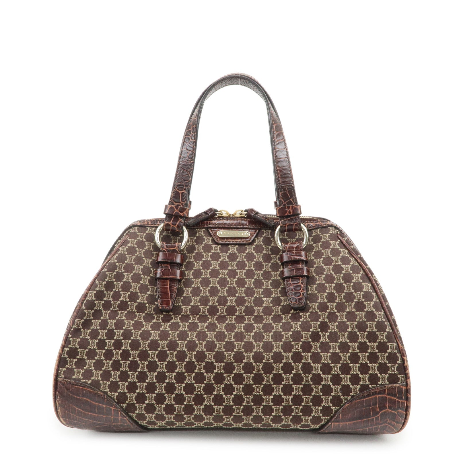 CELINE Macadam Canvas Embossed Leather Hand Bag Shoulder Bag Brown