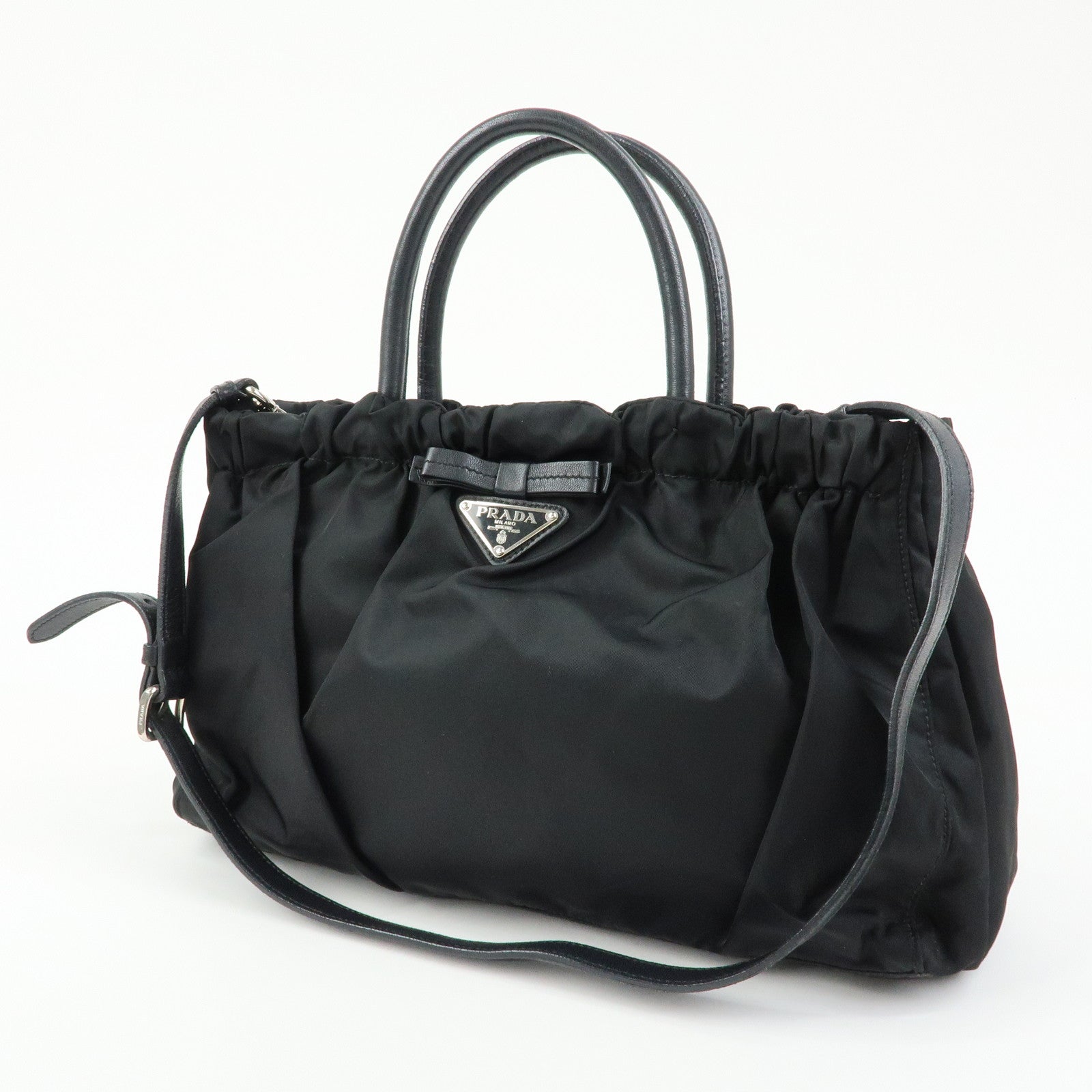 PRADA Triangle Logo Ribbon Nylon Leather 2Way Hand Bag Black BN1631