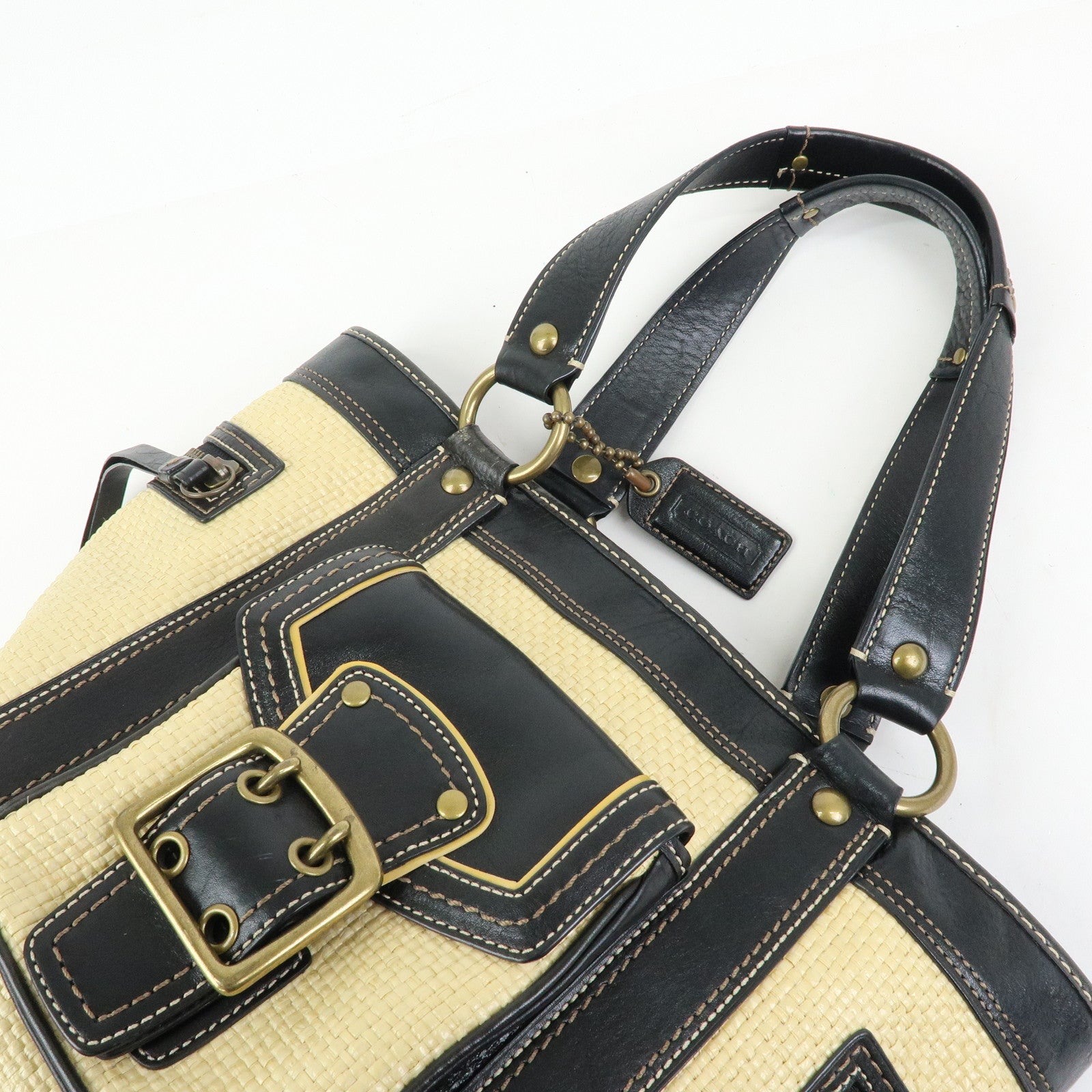 COACH renoma Set of 3 Raffia Leather Shoulder Bag Beige Blue Brown