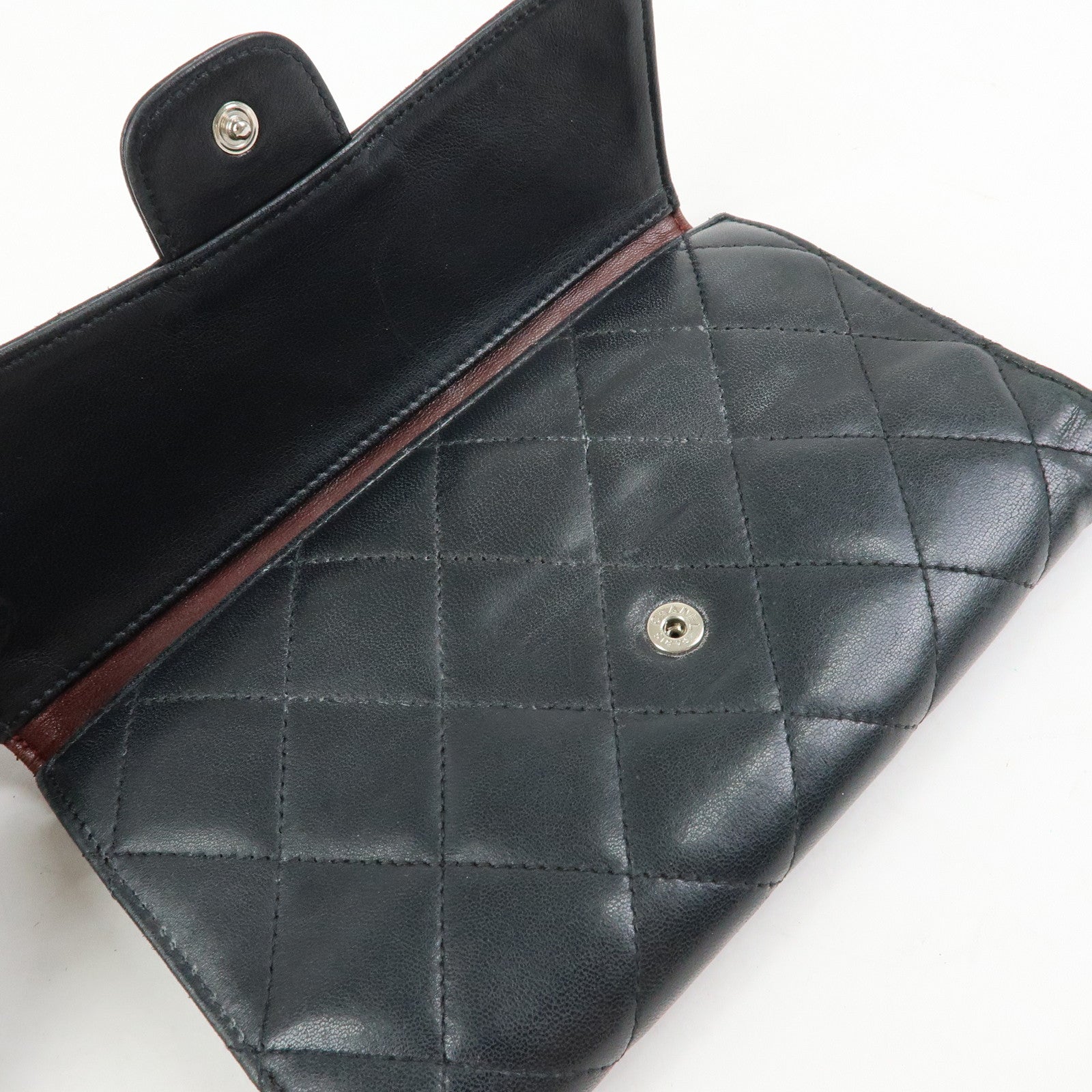 CHANEL Matelasse Lamb Skin Long Flap Wallet Black Silver A82281