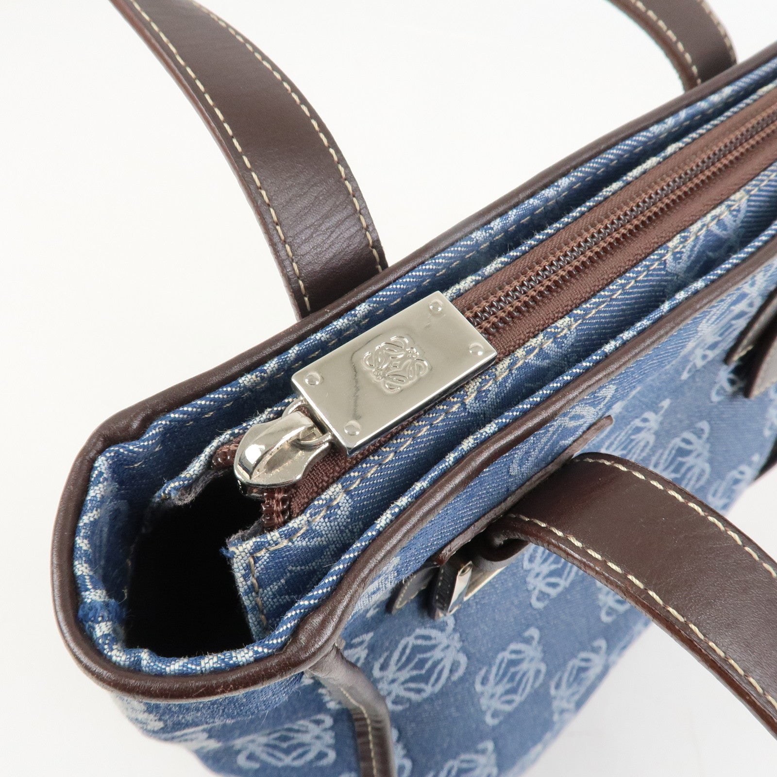 LOEWE Repeat Anagram Canvas Leather Tote Bag Hand Bag Blue Brown