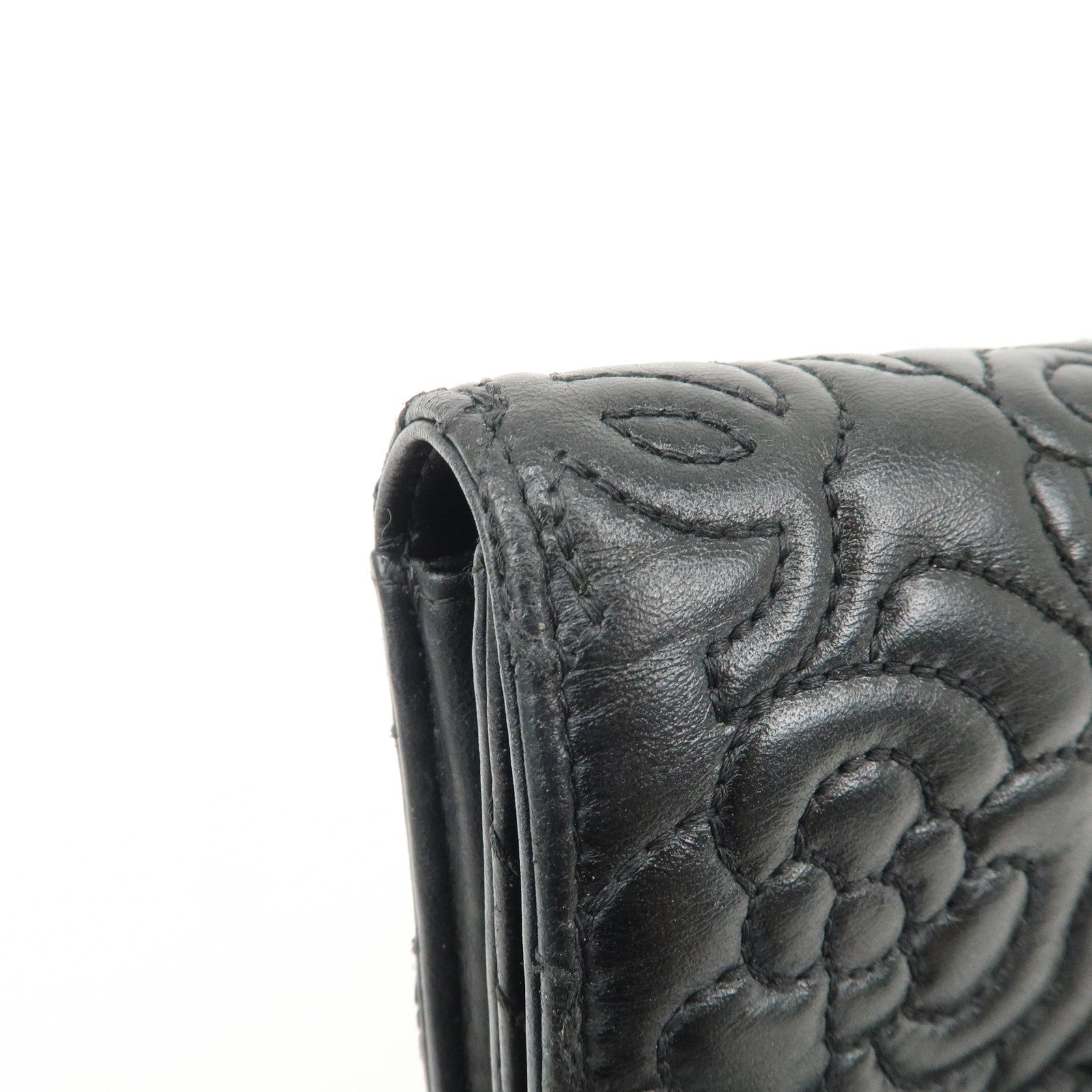 CHANEL Camelia No.5 COCO Mark Lamb Skin Bi-fold Long Wallet A70619 Used