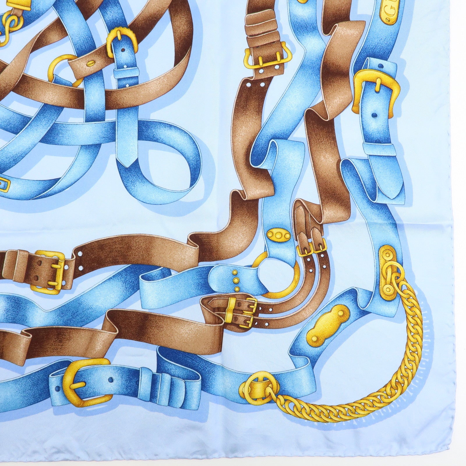 GUCCI Silk 100% Scarf 90x90 Strap Motif Light Blue Brown