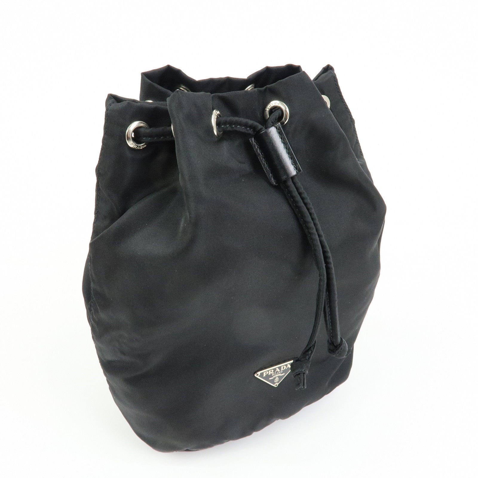 PRADA Triangle Logo Nylon Leather Drawstring Pouch Black MV369