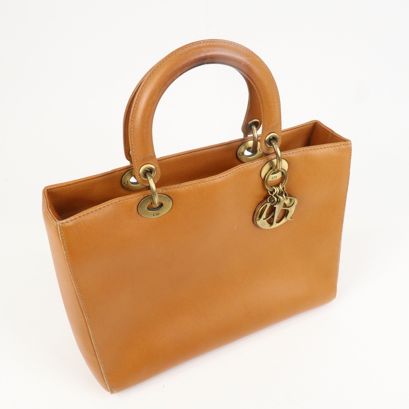 Christian Dior Lady Dior Leather Tote Bag Hand Bag Brown Gold