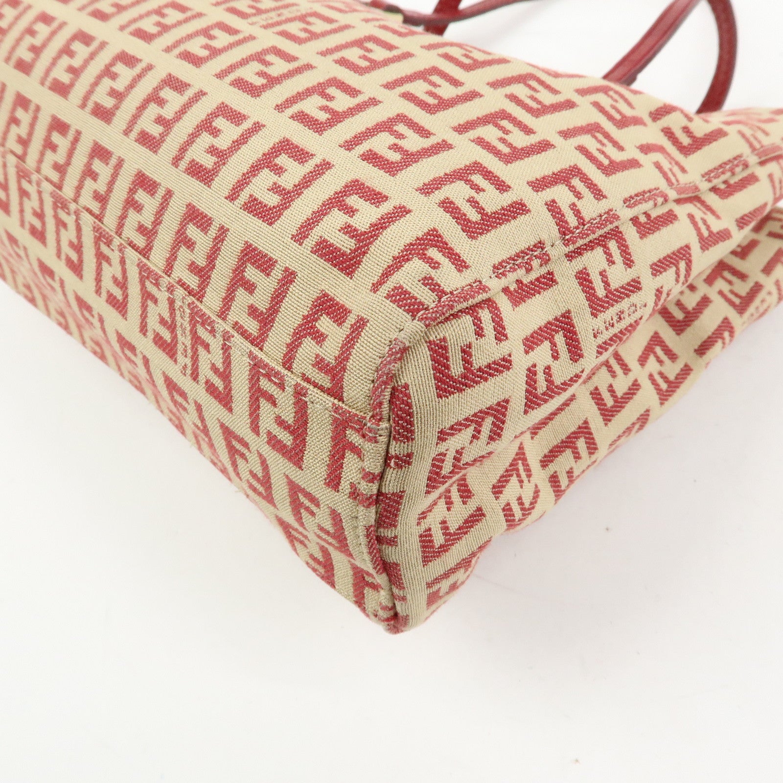 FENDI Zucchino Canvas Leather Hand Bag Tote Bag Beige Red 8BH132