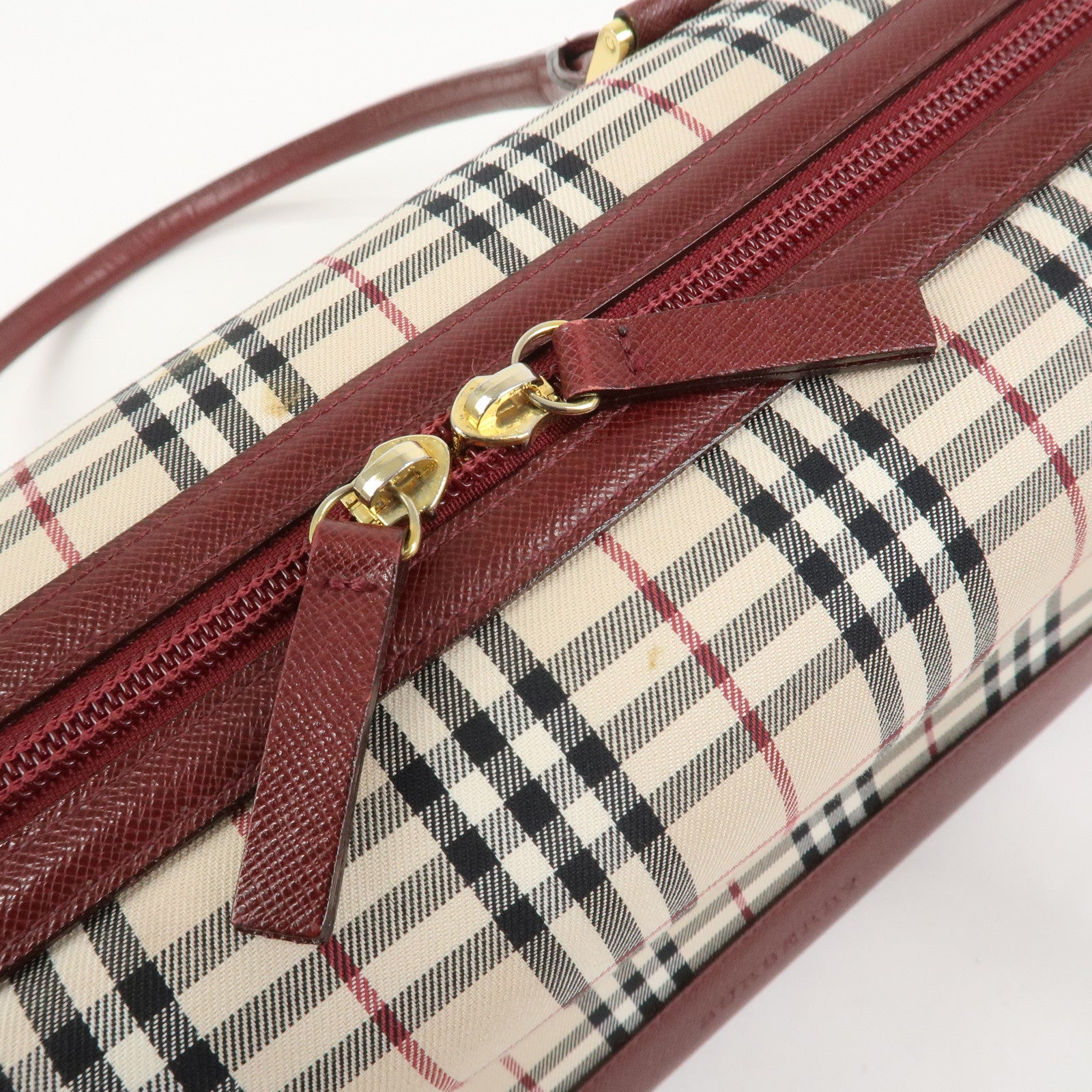 BURBERRY Nova Plaid Canvas Leather Shoulder Hand Bag Beige Bordeaux