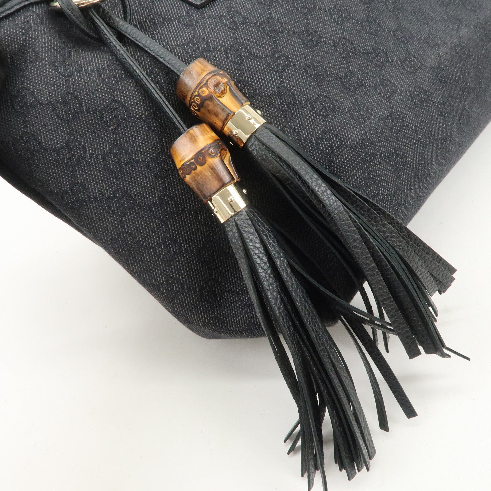 GUCCI Bamboo GG Canvas Leather Tote Bag Tassel Black 354665