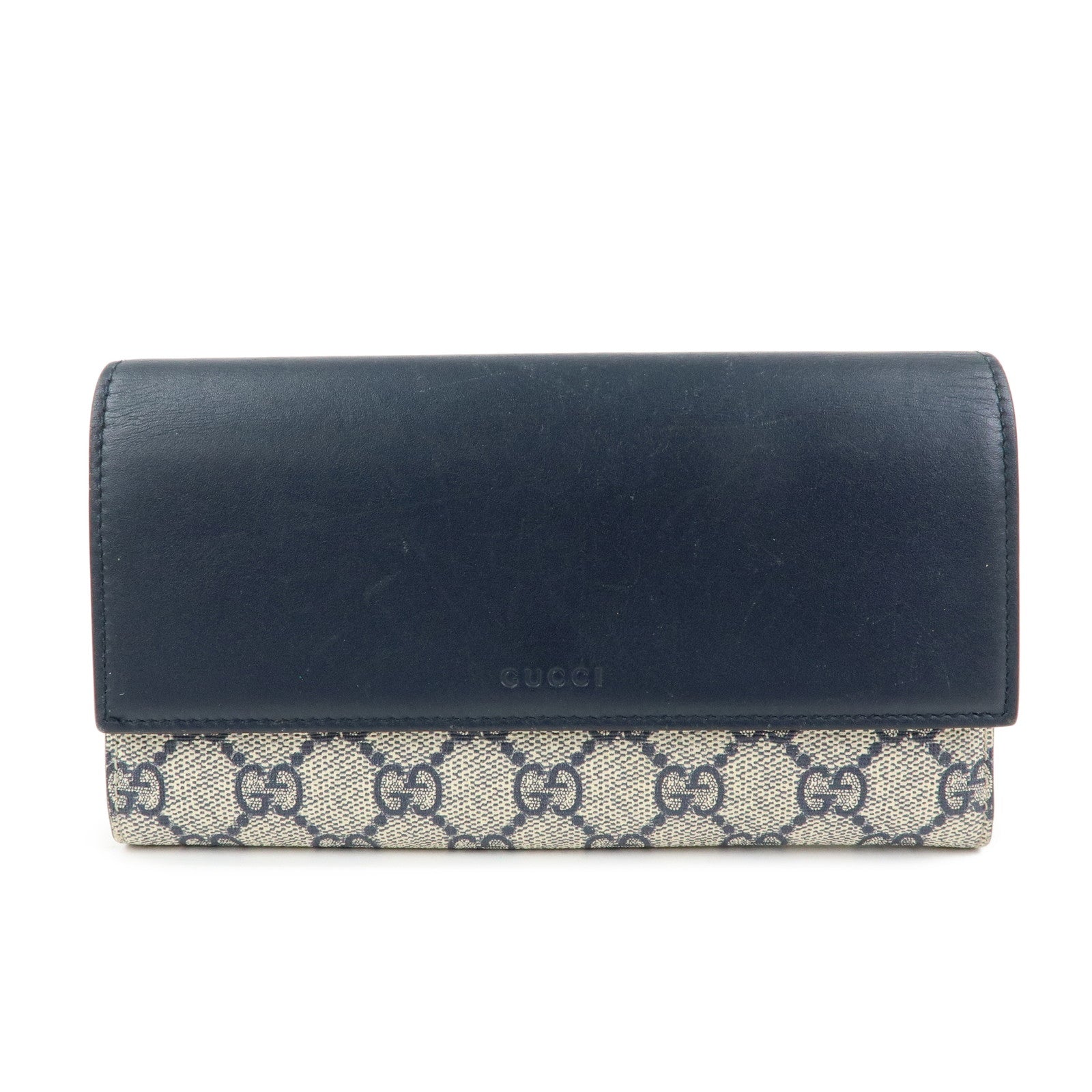 GUCCI GG Supreme Leather Flap Long Wallet Navy Beige 410100