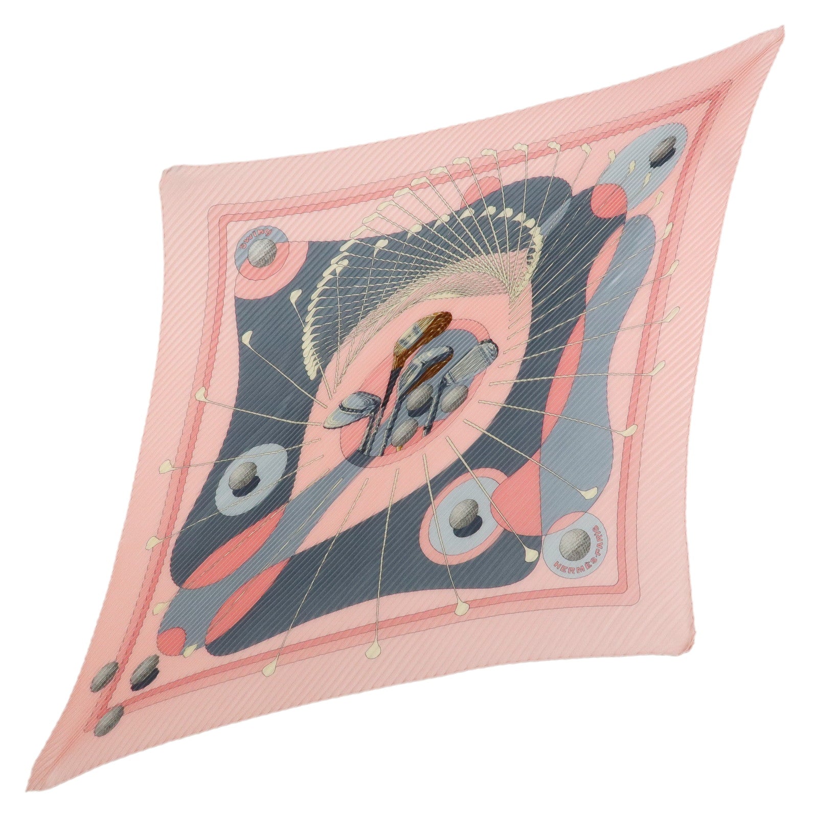 HERMES Pleated Carré Swing Silk 100% Scarf Golf Pattern Pink Gray