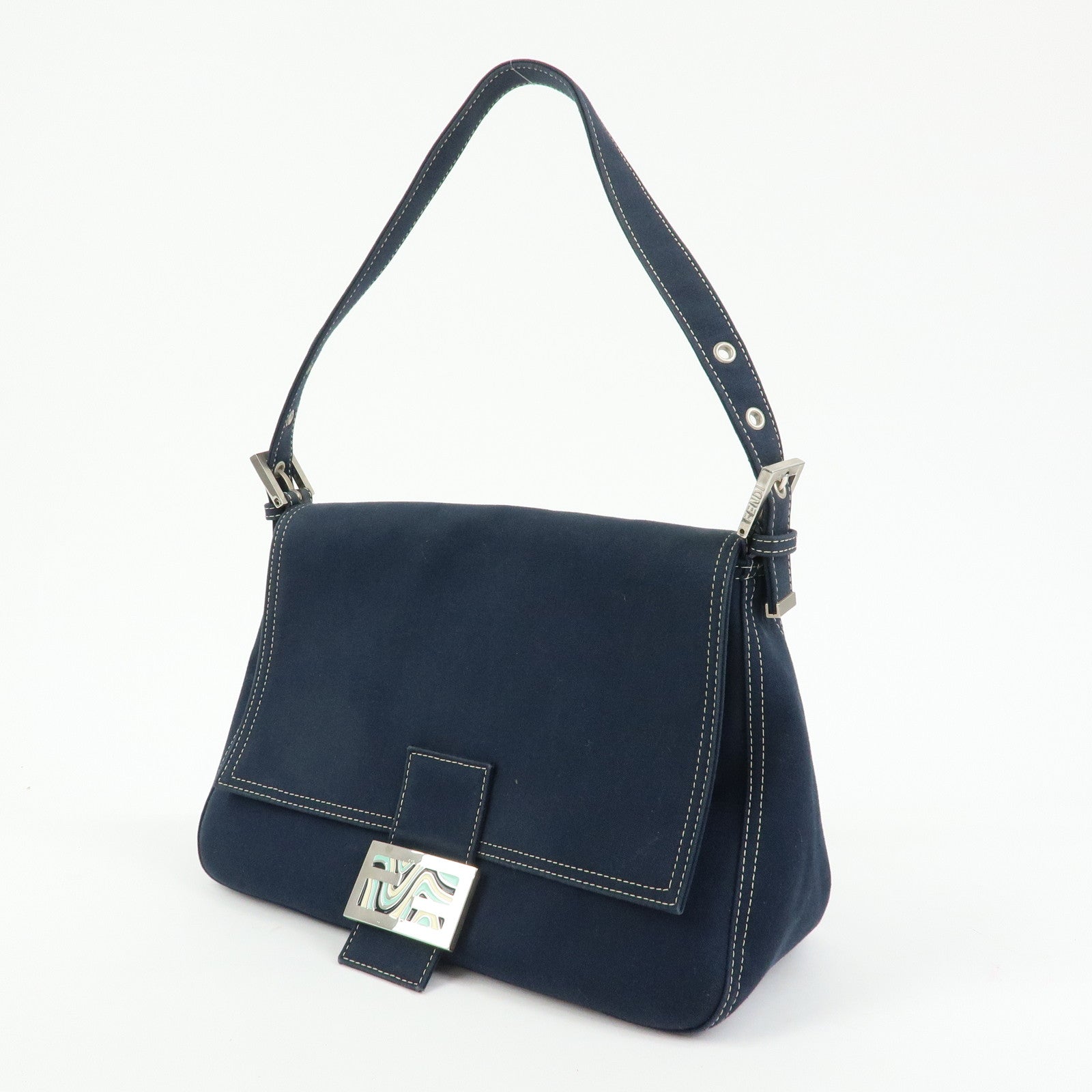 FENDI Mamma Baguette Canvas Shoulder Bag Navy 26325