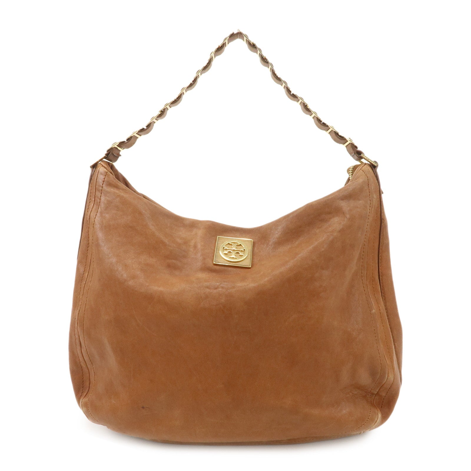 TORY BURCH Leather Shoulder Bag Brown Gold Hardware Used