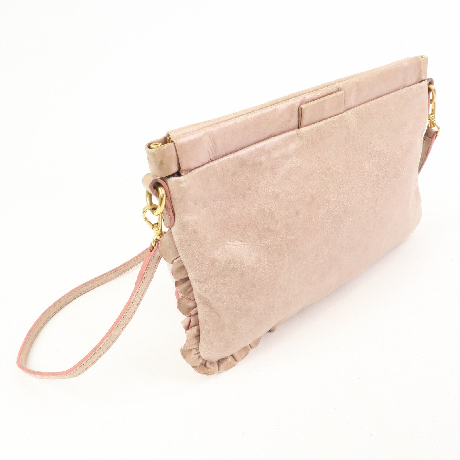 MIU MIU Logo Frilled Leather Shoulder Bag Crossbody Bag Pink Beige