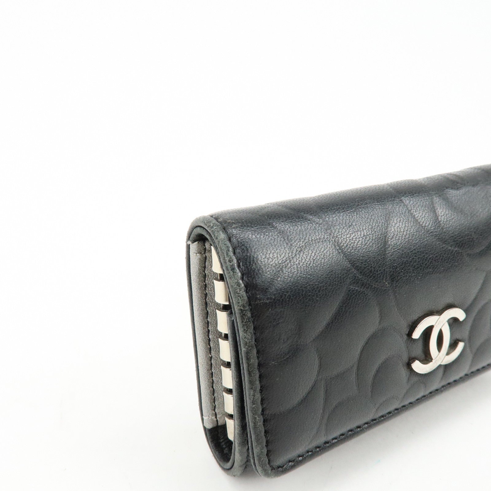 CHANEL Camelia Lamb Skin Leather Key Case Key Holder Black