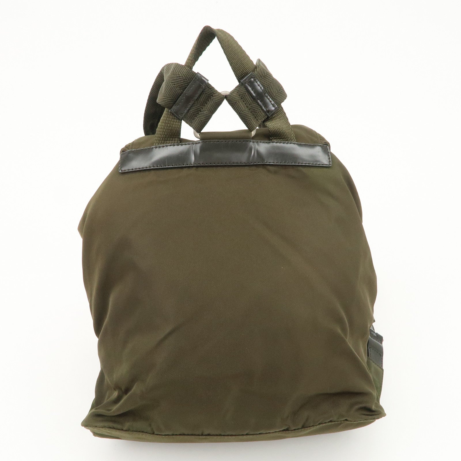PRADA Triangle Logo Nylon Leather Backpack Ruck Sack Khaki B6677 Used