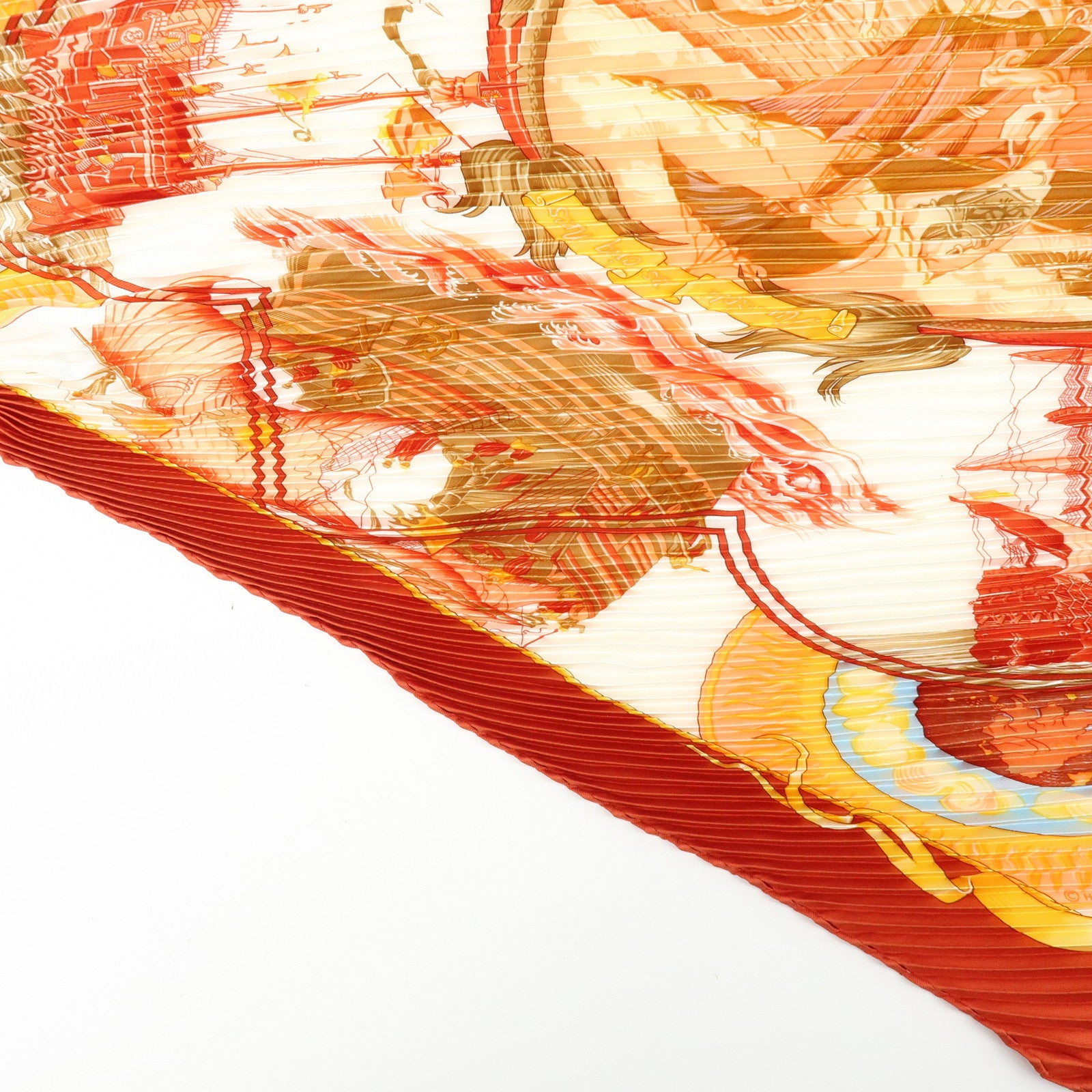 HERMES Pleated Carre Silk 100% Scarf Au-dela Des Cinq Mers Orange