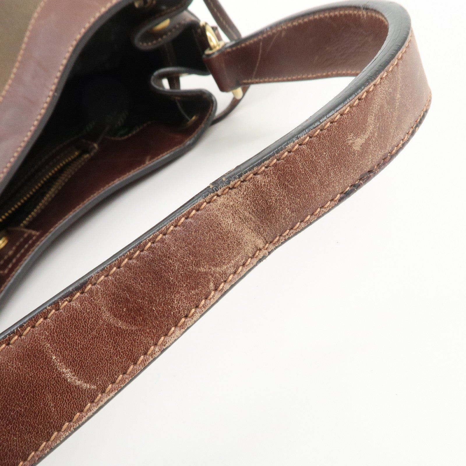 PRADA Triangle Logo Canvas Leather Shoulder Bag Hand Bag Brown