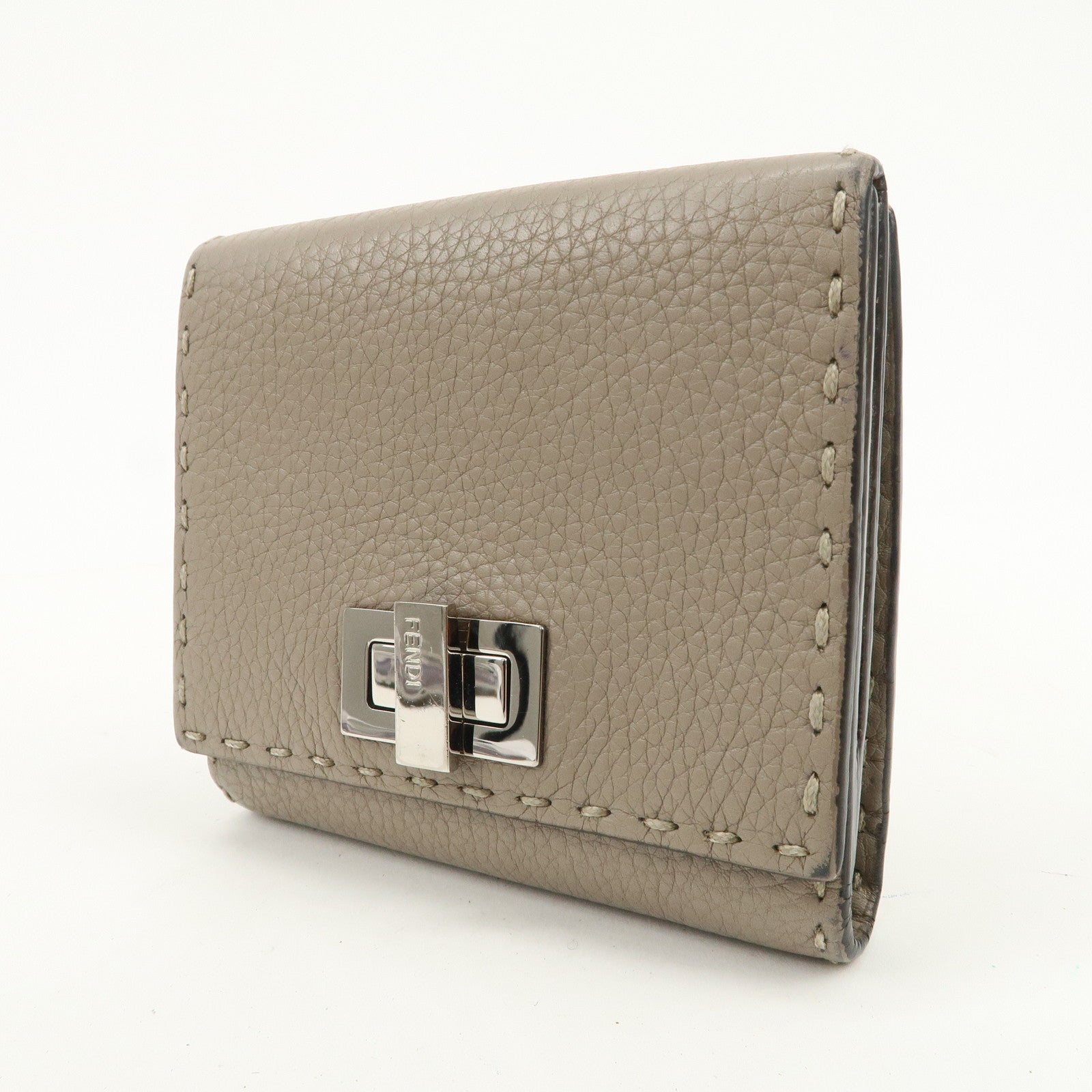 FENDI Logo Leather Compact Wallet Greige